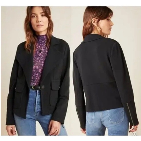 Anthropologie Sylvia Black Blazer with Button Front and Zip Sleeves Size S - Picture 3 of 11